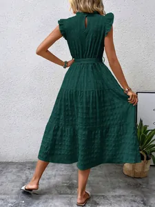 Back detail of dark green textured midi dress with ruffled sleeves and belted waist