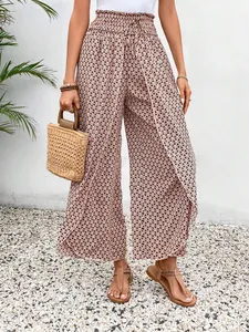 Bohemian geometric print wide-leg skirt pants with high side slits and elastic waist