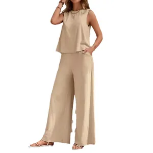Elegant summer two-piece cotton set featuring a sleeveless top and flowing wide-leg pants
