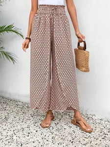 Women's summer wide-leg pants featuring a geometric print and stylish side slits