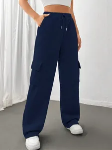 Full view of navy blue cargo sweatpants with side pockets and drawstring waist