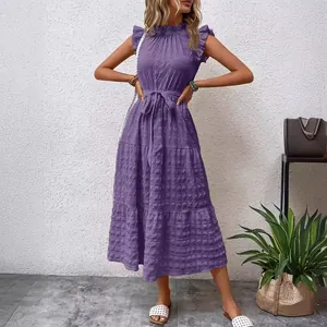 Elegant purple textured maxi dress featuring ruffle fly sleeves and adjustable tie waist