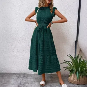 Elegant dark green textured midi dress with ruffle sleeves and a tie waist for summer
