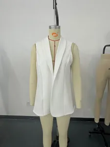 Professional display of a white sleeveless open front blazer vest on a mannequin