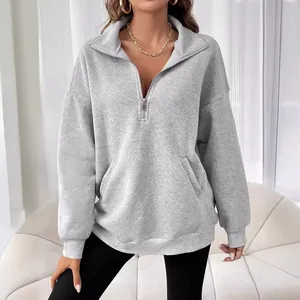 Sweat-shirt gris oversize pour femme avec col à fermeture éclair quart de tour élégant