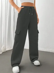 Comfortable women's charcoal grey wide-leg cargo sweatpants with adjustable drawstring waist