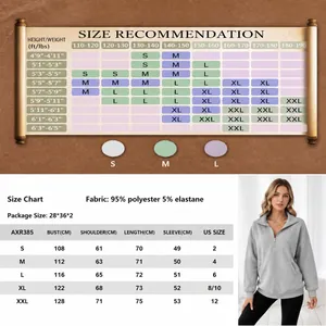 Tableau des tailles pour sweat-shirt à fermeture éclair pour femmes avec mesures