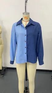 Détail d'une chemise boutonnée à manches longues bicolore en bleu clair et foncé