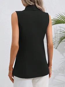 Back view of a sleek sleeveless solid black jacket with professional tailored seams