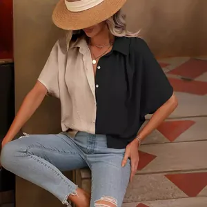 Chemise d'été élégante pour femmes à manches courtes bicolore avec boutons de style chic