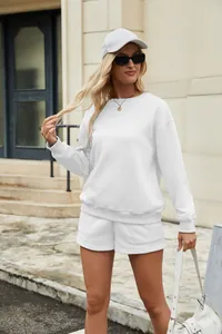 Western style white long sleeve sweatshirt and shorts set shown in outdoor detail shot