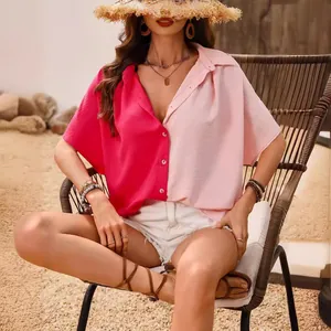 Chemise chic bicolore rose à manches courtes avec boutons pour femmes mode été vacances