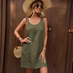Casual army green sleeveless U-neck cotton dress with front pockets and button detail