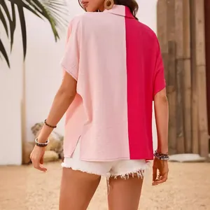 Chemise bicolore rose et fuchsia à manches courtes avec boutons pour femmes