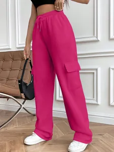 Women's fuchsia wide-leg cargo sweatpants with drawstring waist and side pockets