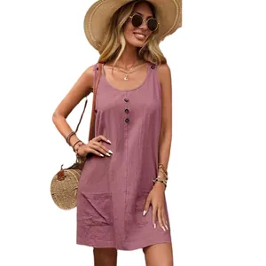 Sleeveless purple summer dress with U-neck, decorative buttons, and front pockets.