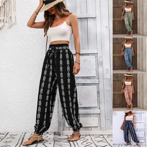 Women Bohemian Printed Harem Pants High Waisted Smocked Elastic Drawstring Waist Loose Casual Trousers With Geometric Pattern