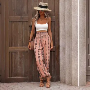 Elegant bohemian high waisted pink lantern pants with black pattern for spring summer