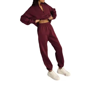 Maroon autumn fashion two-piece lounge set with zippered sweatshirt and sweatpants