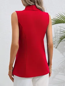 Back view of a vibrant red sleeveless blazer jacket for women with lapel collar