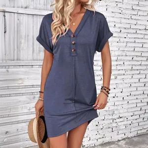 Summer casual V-neck short sleeve mini dress with button detail and rolled cuffs in blue