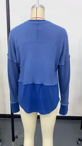 Vista trasera de una sudadera azul de manga larga para mujer, estilo informal y holgado.