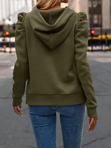 Rear view of a stylish olive green puff sleeve hooded sweatshirt for casual women wear