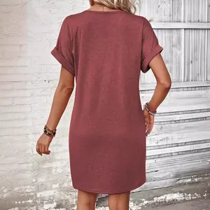 Casual dusty rose short sleeve mini dress with rolled cuffs seen from the back view