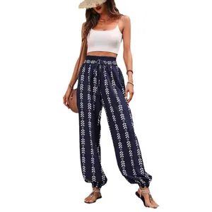 Bohemian style high waist blue patterned lantern pants for women summer casual wear