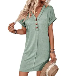 Summer casual sage green V-neck dress with decorative buttons and rolled sleeves