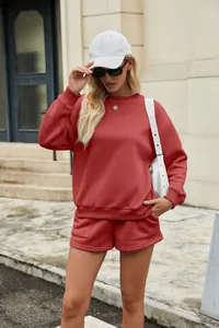 Women's two-piece brick red sweatshirt and shorts set with pockets in casual street style