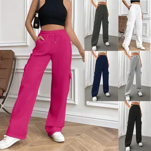 Women Casual Solid Color Wide Leg Cargo Sweatpants High Waist Drawstring Straight Leg Trousers Side Pocket Bottom Fashion