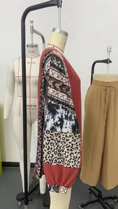 Close-up of women's patchwork casual sweatshirt featuring floral and leopard prints