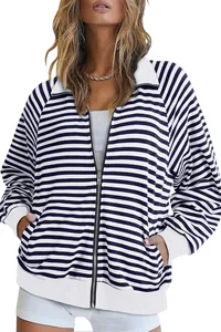 Cardigan zippé décontracté à rayures bleues et blanches pour femmes avec col à revers blanc