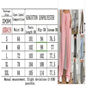 Women's casual striped drawstring straight-leg pants size chart and color options view.