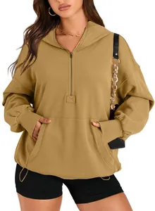 Detail of women's khaki half-zip hooded sweatshirt with kangaroo pocket and drawstring.