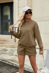 Casual women's solid color long sleeve sweatshirt and pocket shorts set in brown