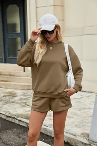 Stylish solid khaki two-piece sweatshirt and shorts set with convenient side pockets