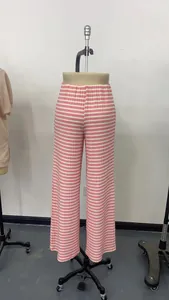 Casual pink and white horizontal striped straight-leg pants for women with elastic waist