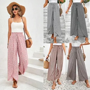Women Summer Floral Side Slit Wide Leg Culottes High Waist Elastic Drawstring Printed Boho Vacation Beach Bottoms