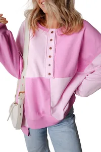 Casual pink color-block patchwork sweatshirt for women featuring front buttons