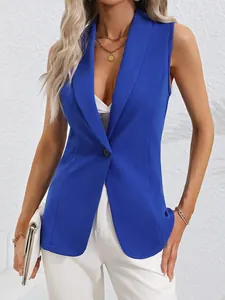 Sophisticated royal blue sleeveless tailored blazer vest featuring a single button closure