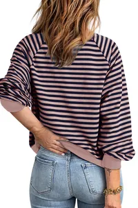 Vue arrière d'un sweat-shirt décontracté à manches longues rayé bleu et rose pour femme