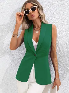 Macro detail of a stylish green sleeveless blazer vest with a single button closure for women