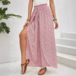 Boho floral print high waisted wide leg pants with side split for women summer fashion