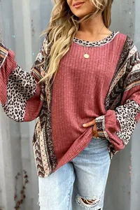 Bohemian oversized rose pink ribbed sweatshirt with leopard and ethnic print sleeve details