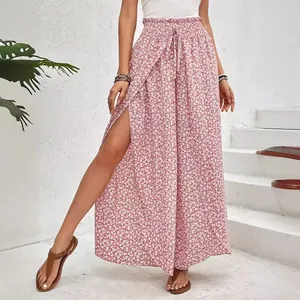 Stylish floral print high waist wide leg pants with a side slit for summer fashion