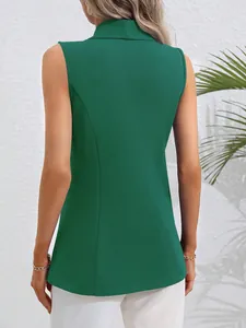 Back view detail of a sleek green sleeveless blazer vest for women with tailored seams