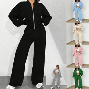 Femme Haut Et Bas Polyester Fermeture Éclair Hoodie Ajusté Et Taille Élastique Pantalon Large Décontracté Streetwear Survêtement