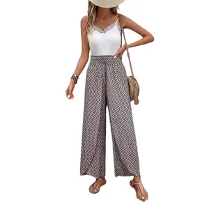Bohemian floral wide leg trousers with side slits and high elastic waist for summer